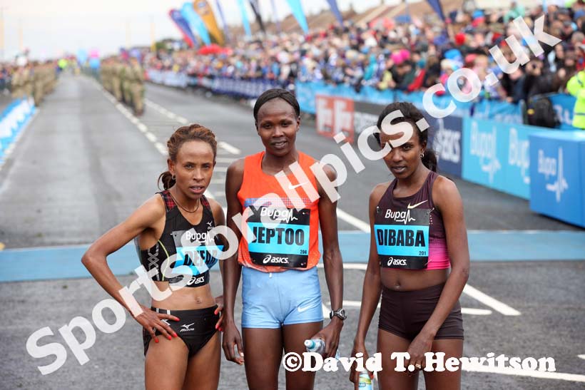 Meseret Defar, Priscah Jeptoo and Tirunesh Dibaba at the finish of the BUPA Great North Run.